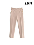 Yidouxian Women Fashion With Metallic Button Straight Pants Vintage High Waist Back Elastic Waistband Female Ankle Trousers Mujer