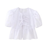 Yidouxian New 2024 Women Bow Lacing Up Puff Sleeve Crop Blouse Office Lady Shirt Chic Chemise Blusas Summer Tops