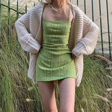 Yidouxian Women's Summer Sleeveless Spaghetti Strap Solid Color Geometric Print Cable Knit Bodycon Short Mini Fairycore Dress