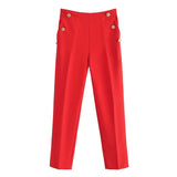 Yidouxian Women Fashion With Metallic Button Straight Pants Vintage High Waist Back Elastic Waistband Female Ankle Trousers Mujer