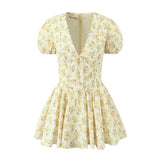 Yidouxian New Women Vintage Puff Short Sleeve V Neck Yellow Floral Print Dress Pleated Hem Female Holiday Summer Mini Robe