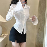 Yidouxian Slim Bandage Shirts Women Y2K Fashion Lapel Bell Sleeve White Blouses Female Korean Streetwear Spring Buttons Tops New