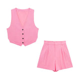 Yidouxian ZRN-Women's Side Vents Cropped Waistcoat and High Waist Bermuda Shorts, Female Two Piece Sets, Chic Fashion