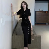 Yidouxian Elegant Knitted Dress Women French Style Turn-down Collar Short Sleeve Button Up Slim Bodycon Dresses Knitwear Mermaid