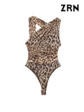 Yidouxian ZRN-Women's Asymmetric Draped Tulle Bodysuits, Sleeveless, Snap-Button, Leopard Female Playsuits, Sexy Fashion