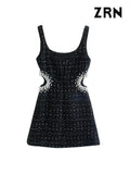 Yidouxian ZRN-Women's Faux Pearl Beading Tweed Mini Dress,Back Zipper, Hollow Out, Female Dresses, Sexy Fashion