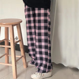 Yidouxian Plaid Wide Leg Pants Women Streetwear Oversized Baggy Sweatpants Vintage High Waist Casual Joggers Black Trousers