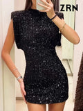 Yidouxian ZRN-Women's Shiny Sequin Mini Dress With Shoulder Pads, Sleeveless, Back Zipper, Female Dresses, Sexy Fashion