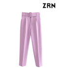 Yidouxian ZRN-Women's High Waist Zipper Fly Ankle Trousers with Belt, Office Wear Pants, Side Pockets, Female Fashion