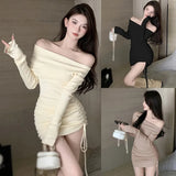 Yidouxian Shoulder Long Sleeved Knitted Dress for Women's Autumn And Winter Drawstring Pleated Waist Wrap Hip Skirt