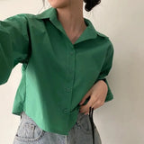 Yidouxian Shirts Women Korean Chic Loose Solid Long Sleeve Crop Tops Female Casual Elegant Button Split Turn Down Collar Blouse