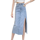 Yidouxian Skirts Women A-line Solid Slim Side Slit Long High Waist Denim Skirt Wrap Hip Streetwear