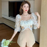 Yidouxian Clothes Women Flower Lace Short Women's T-Shirt Square Neck Bubble Sleeves Chiffon Tops