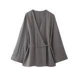 Yidouxian ZRN-Women's Textured Crossover Kimono Blouses, Side Ties, Long Sleeves, Loose, Female Shirts, Chic Tops, Fashion