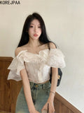 Yidouxian French Style White Shirt Ruffle Slash Neck Off Shoulder Short Shirts Women 2024 Summer Slim Crop Top Ins Fashion Blouse