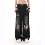 Yidouxian Women High Waist Jeans Vintage Female Ripped Streetwear Wide Leg Pants American Style Casual Straight Denim Trousers