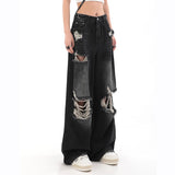 Yidouxian Women High Waist Jeans Vintage Female Ripped Streetwear Wide Leg Pants American Style Casual Straight Denim Trousers