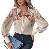 Yidouxian ZRN-Women's Floral Print Shirts, Semi Sheer, Long Sleeve, Button-up Tops, Female Blouses, Chic Fashion