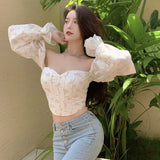 Yidouxian Shirt Off Shoulder Bubble Long Sleeve Crop Top Women's Slim Blouse Korean Fashion Corset