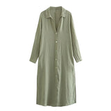 Yidouxian 2024 Women Rolled Up Sleeve Linen Shirt Dress Vintage Lapel Collar Female Casual Loose Long Dresses