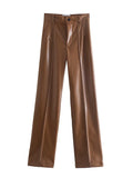 Yidouxian Women Fashion Faux Leather Straight Pants Vintage High Waist Zipper Fly Female Trousers Mujer