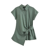 Yidouxian Poplin Shirts for Women, Front Knot with Ties, Short Sleeve, Button-up, Female Blouses, Chic Tops, Fashion