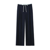 Yidouxian ZRN-Women's Double Waistband Wide Leg Pants, High Elastic Waist With Drawstring, Side Pockets, Female Trousers, Chic Fashion