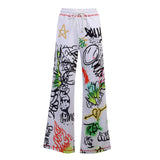 Yidouxian Women Y2K Personalized Loose Creative Graffiti Printing Pants Summer Autumn Casual Drawstring Wide Leg Long Trousers