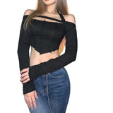 Yidouxian y2k Tops Woman Clothing Crop Top Autumn 90s Vintage Clothes Off Shoulder Slim Long Sleeve Tees Sexy Club Streetwear