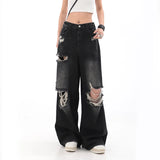 Yidouxian Women High Waist Jeans Vintage Female Ripped Streetwear Wide Leg Pants American Style Casual Straight Denim Trousers