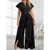 Yidouxian Women's Fashion Elegant Jumpsuit Wide Leg Pants Solid Color V-neck Short Sleeved Irregular Wide Leg Pants Jumpsuit