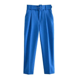 Yidouxian ZRN-Women's High Waist Zipper Fly Ankle Trousers with Belt, Office Wear Pants, Side Pockets, Female Fashion