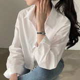 Yidouxian Shirts Women Korean Chic Loose Solid Long Sleeve Crop Tops Female Casual Elegant Button Split Turn Down Collar Blouse