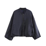 Yidouxian 2024 Women Oversize Crop Bomber Jacket Coat Vintage Puff Sleeve Zipper Female Short Outerwear Chic Tops