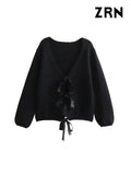 Yidouxian ZRN-Women's Front Sequined Bow Tied Knit Cardigan Sweater, V Neck, Long Sleeve, Female Outerwear, Chic Tops, Fashion