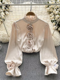 Yidouxian Women High Quality Blouse 2024 Half High Collar Long Sleeves Loose Tops Fashion Korean Style Elegant 3D Floral Shirt