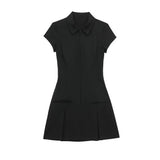 Yidouxian ZRN-Women's Front Zipper Pleated Mini Dress, Shirt Collar, Short Sleeves, Female Dresses, Fashion