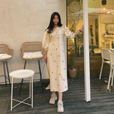 Yidouxian French Fashion Floral Embroidery Dress Women Puff Sleeve Casual Dresses Spring Casual O Neck High Waist Clothing