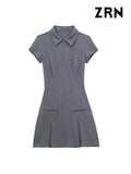 Yidouxian ZRN-Women's Front Zipper Pleated Mini Dress, Shirt Collar, Short Sleeves, Female Dresses, Fashion