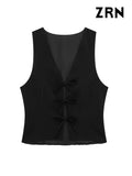 Yidouxian ZRN-Women's Bow Tied Waistcoat, V-Neck Sleeveless Vest, Female Outerwear, Chic Tops, Fashion