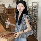 Yidouxian Plaid Sleeveless Shirt Women French Fashion Chic Preppy Style Tops Summer Casual Loose Patchwork Square Collar Blouse