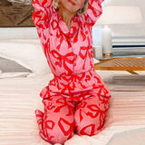 Yidouxian Women's 2 Piece Bow Print Pajamas Set Long Sleeve Lapel Button Up Shirt Tops + High Waist Long Pants Sleepwear Sets