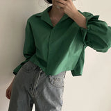 Yidouxian Shirts Women Korean Chic Loose Solid Long Sleeve Crop Tops Female Casual Elegant Button Split Turn Down Collar Blouse