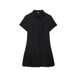 Yidouxian ZRN-Women's Front Button Pleated Mini Dress, Lapel Collar, Short Sleeve, Female Dresses, Fashion