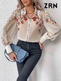 Yidouxian ZRN-Women's Floral Print Shirts, Semi Sheer, Long Sleeve, Button-up Tops, Female Blouses, Chic Fashion