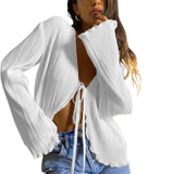 Yidouxian Women Solid Color Striped Cardigan Shirts Long Flare Sleeve Lace-up Deep V Neck Ruffled Tops Casual Party Slit Blouse