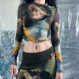 Yidouxian Women's Y2K Retro Portrait Print Slim Mesh Crop Tops Long Sleeve Crew Neck Lettuce Hem Sheer T-Shirt +Bodycon Skirt