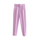 Yidouxian ZRN-Women's High Waist Zipper Fly Ankle Trousers with Belt, Office Wear Pants, Side Pockets, Female Fashion