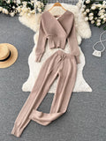 Yidouxian Winter Casual Knitted Two Pieces Suits V Neck Long Sleeve Sweater+ Elastic Casual Long Pants Sets Women Sweater Sets