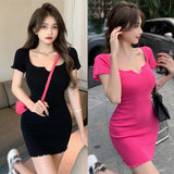 Yidouxian Korean Version Small V-neck Dress Slim Fitting Sexy Short Sleeved Dress